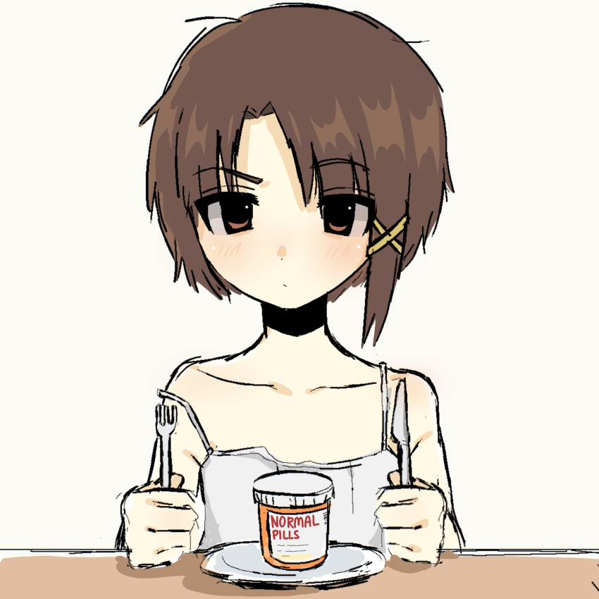 04119_snail, 1girl, blush, brown_eyes, camisole, closed_mouth, collarbone, fork