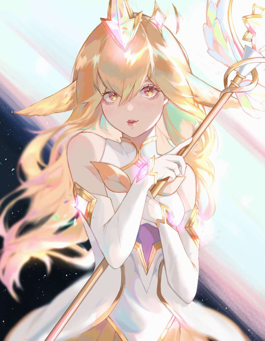 1girl, bangs, blonde_hair, detached_sleeves, dress, english_commentary, floating_hair, gloves