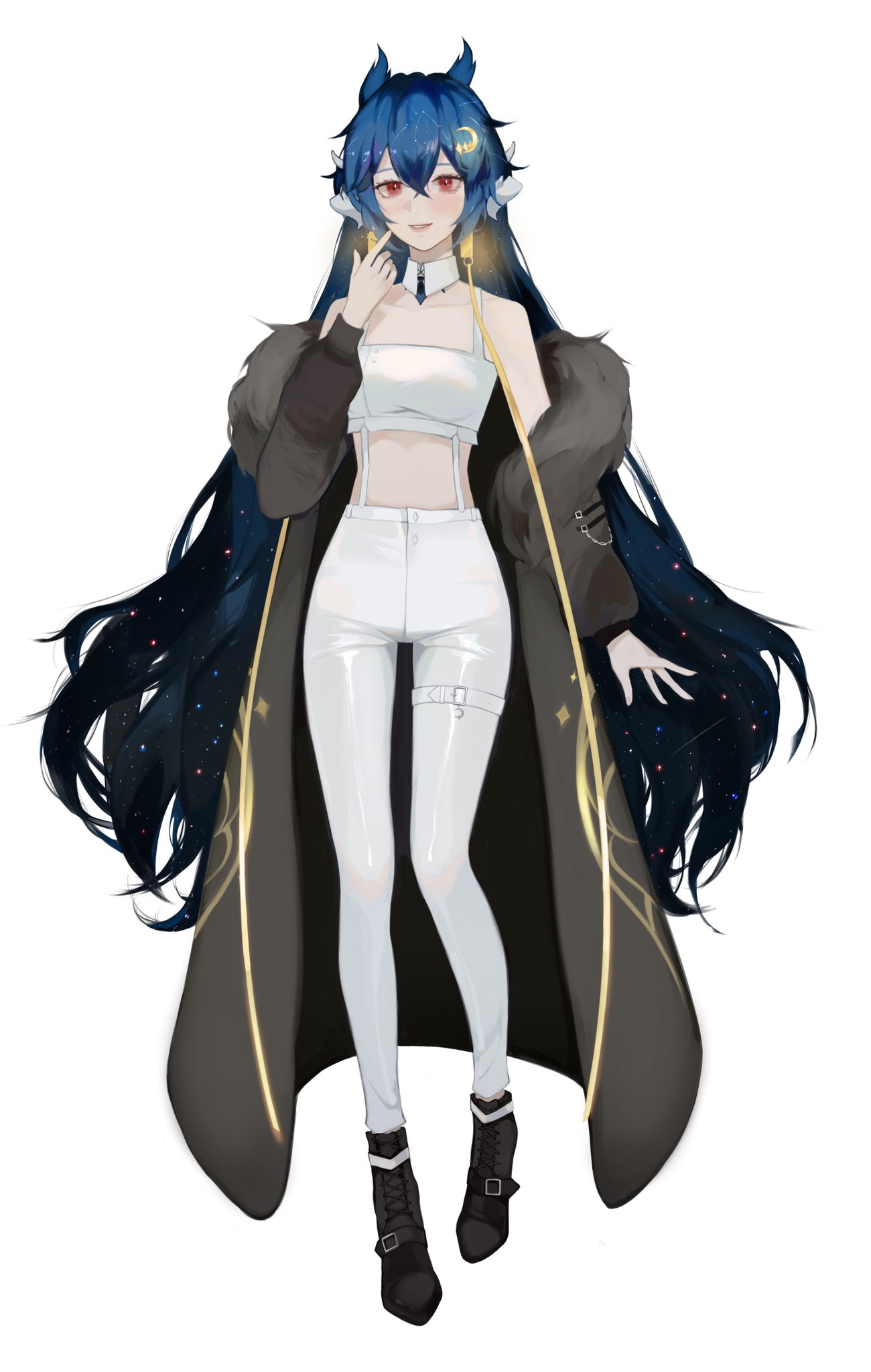 1girl, black_footwear, black_jacket, blush, cloud9, collarbone, commission, crescent