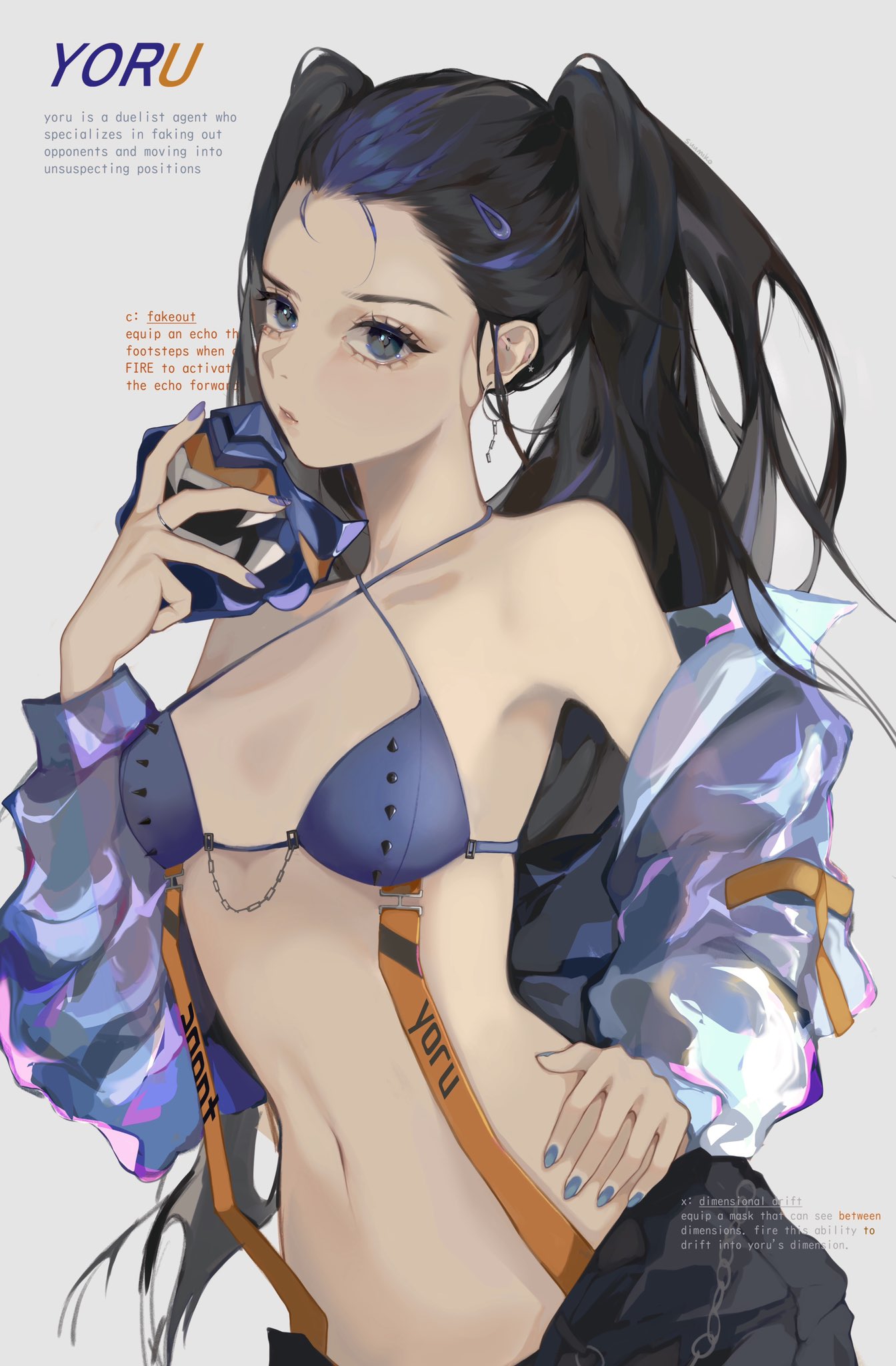 1girl, bikini, black_hair, black_pants, blue_bikini, blue_eyes, blue_hair, blue_nails, breasts, chain, english_commentary, genderswap, genderswap_(mtf), grey_jacket, hair_behind_ear, halterneck, hand_on_hip, head_tilt, highres, holding, holding_mask, jacket, looking_at_viewer, mask, mask_removed, midriff, multicolored_hair, navel, pants, small_breasts, solo, streaked_hair, sumi_(suumiko_), suspenders, swimsuit, twintails, valorant, yoru_(valorant)