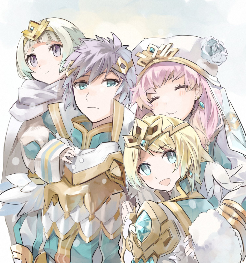1boy, 3girls, armor, bangs, blonde_hair, blue_eyes, blunt_bangs, blush