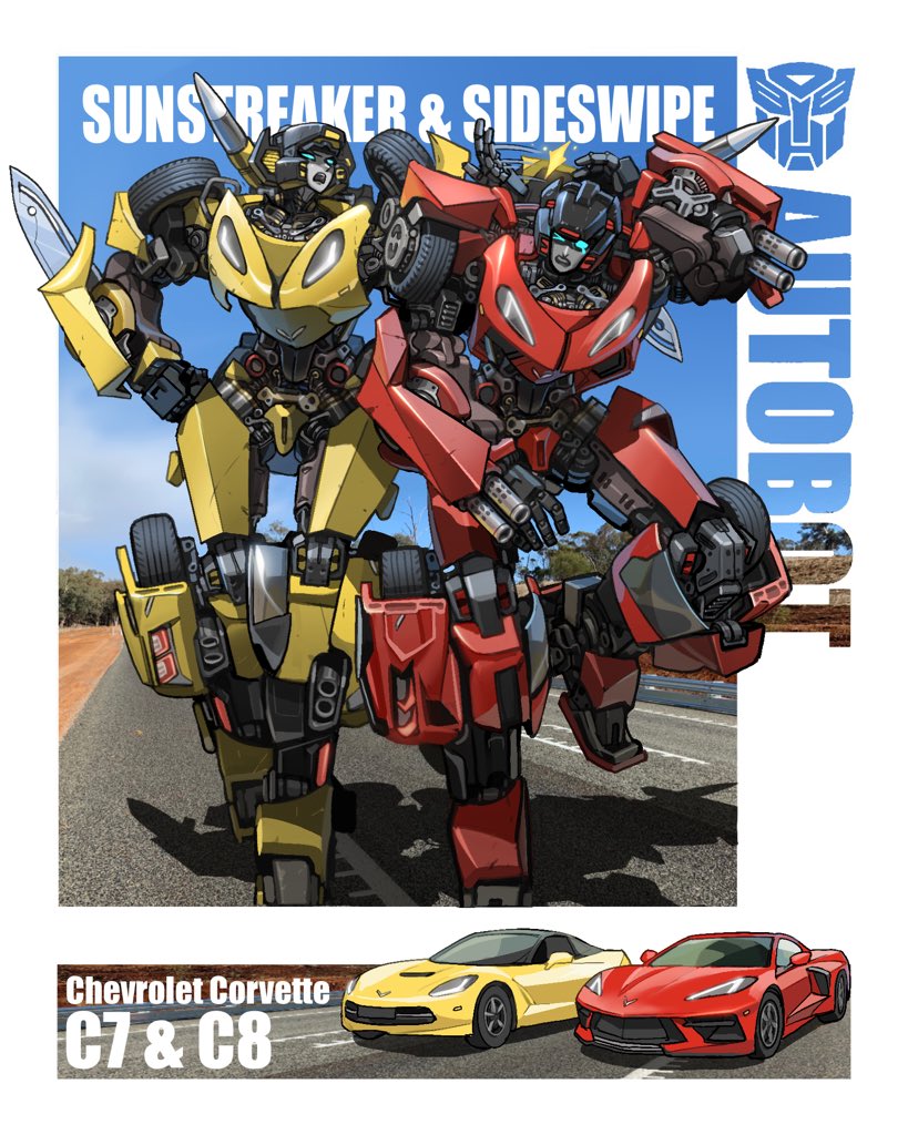 1boy, 1girl, autobot, blue_eyes, character_name, chevrolet, chevrolet_corvette, clenched_hand