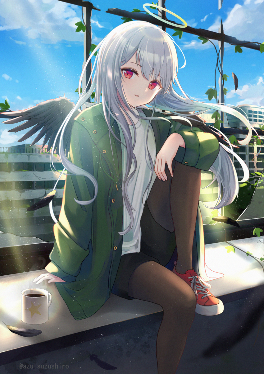 1girl, abandoned, azuazu_0405, bangs, black_feathers, black_shorts, black_wings, broken_window