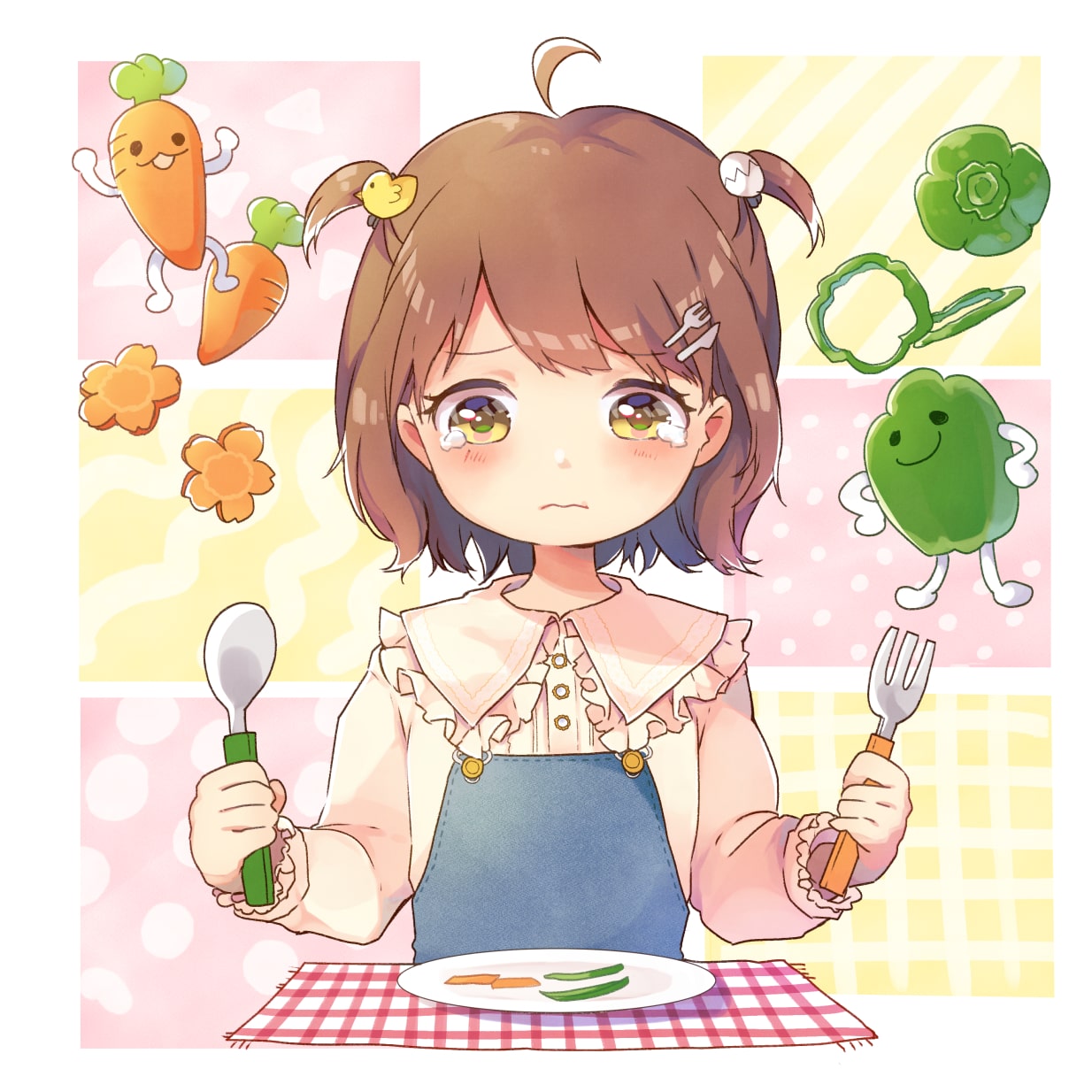 1girl, ahoge, bangs, bird_hair_ornament, blush, brown_eyes, brown_hair, carrot