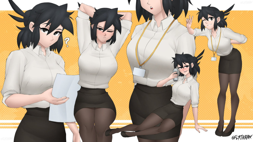 1girl, ?, arm_behind_back, arms_behind_head, black_footwear, black_hair, black_legwear, black_skirt