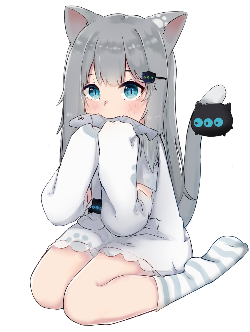 1girl, absurdres, animal, animal_ear_fluff, animal_ears, bangs, blue_eyes, blush, cat_ears, cat_girl, cat_tail, dress, eating, eyebrows_behind_hair, fang, fish, full_body, grey_hair, hair_ornament, hairclip, hands_up, highres, holding, holding_animal, holding_fish, indie_virtual_youtuber, long_hair, long_sleeves, miaoema, nacho_(amashiro_natsuki), no_shoes, simple_background, sitting, sleeves_past_fingers, sleeves_past_wrists, socks, soles, solo, striped, striped_legwear, tail, tail_raised, very_long_hair, virtual_youtuber, wariza, white_background, white_dress, x_x