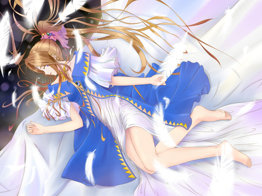 bad_id, barefoot, belldandy, brown_hair, closed_eyes, earrings, facial_mark, feathers, forehead_mark, goddess, jewelry, legs, long_hair, lying, ponytail, solo, touniyuu_purin