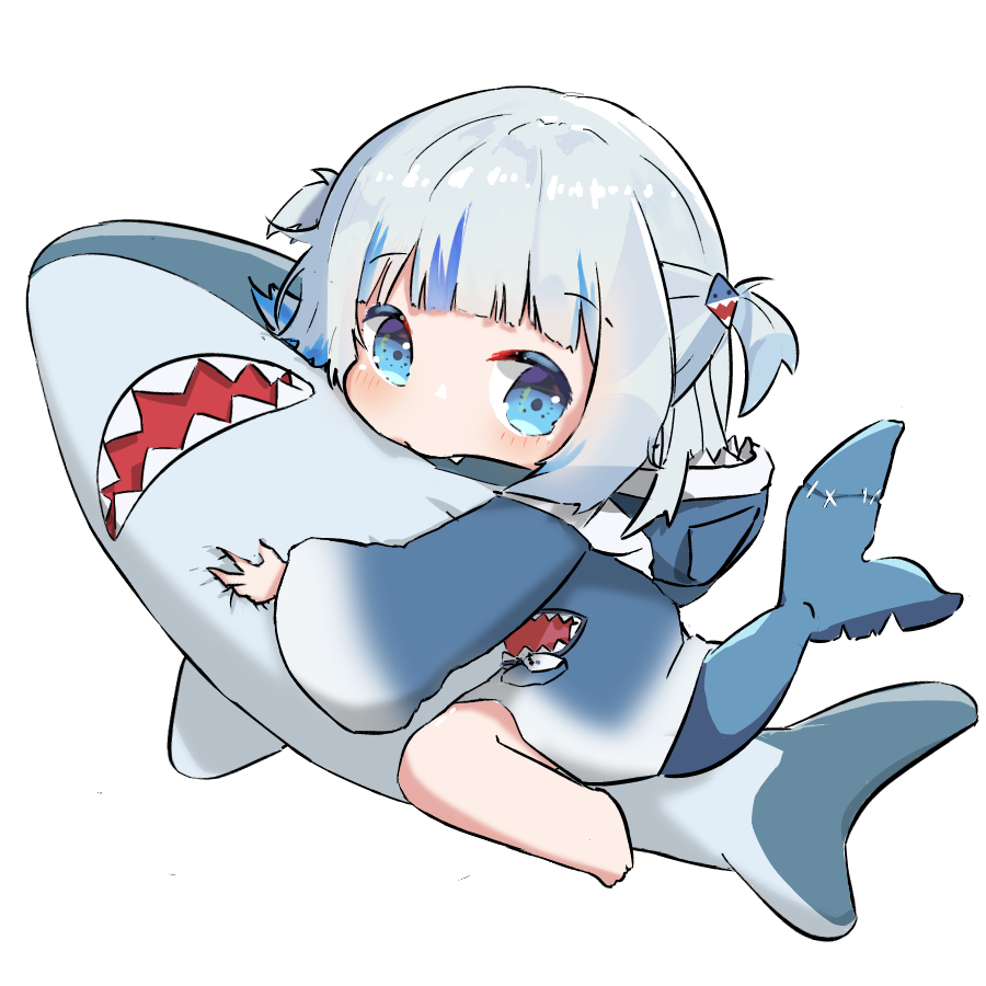 1girl, animal_hood, barefoot, blue_eyes, blue_hair, blue_hoodie, chibi, fang