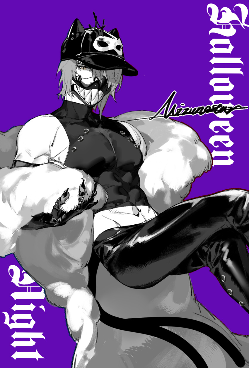 1boy, abs, animal_ears, arknights, bare_shoulders, baseball_cap, black_legwear, cape, cat_ears, claws, crop_top, elbow_gloves, english_text, fur_cape, gloves, hat, highres, mask, midriff, monochrome, multiple_tails, navel, one_eye_covered, phantom_(arknights), purple_background, shuiye_xing, signature, simple_background, solo, tail, two_tails, white_cape, yellow_eyes