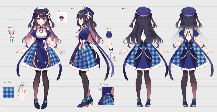 1girl, backless_dress, backless_outfit, bangs, black_hair, blue_dress, blue_nails, blush