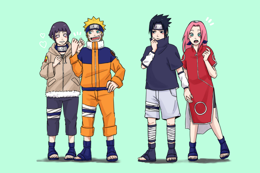 2boys, 2girls, :o, bangs, black_eyes, black_hair, black_shorts, blonde_hair, blue_eyes, blue_footwear, blue_hair, blue_pants, blue_shirt, blush, closed_mouth, forehead, forehead_protector, full_body, green_background, green_eyes, grey_jacket, hand_on_hip, haruno_sakura, heart, highres, holding_hands, hyuuga_hinata, jacket, long_hair, long_sleeves, looking_to_the_side, multiple_boys, multiple_girls, naruto, naruto_(series), ninja, open_mouth, orange_jacket, orange_pants, pants, pink_hair, pinoko_(pnk623), red_shirt, sandals, shirt, short_sleeves, shorts, simple_background, standing, teeth, toes, uchiha_sasuke, uzumaki_naruto, white_eyes, white_shorts, white_sleeves