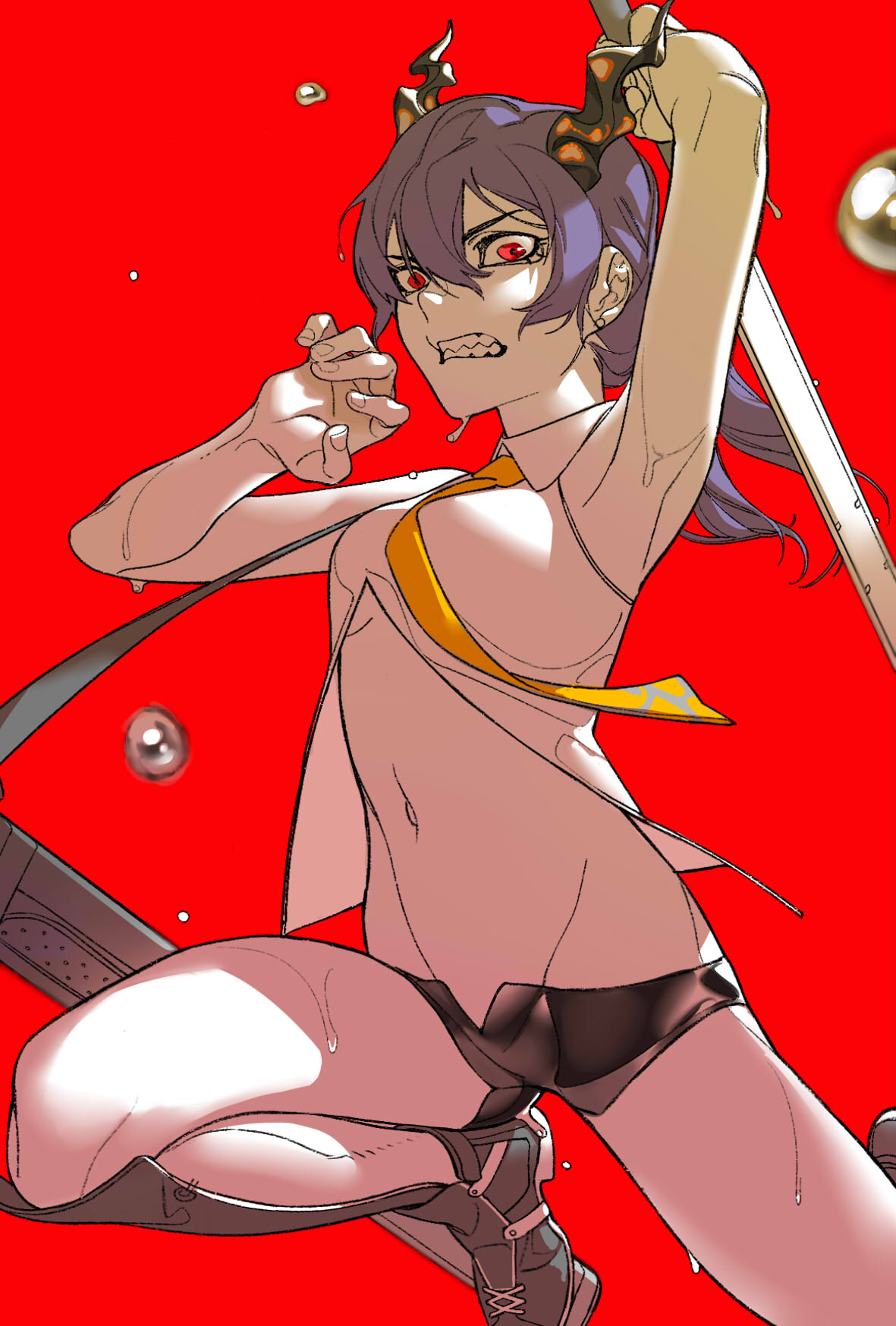 1girl, angry, arknights, armpits, blue_hair, ch'en_(arknights), collared_shirt, dragon_horns, highres, holding, holding_sword, holding_weapon, horns, incoming_attack, long_hair, looking_at_viewer, midriff, navel, necktie, open_mouth, red_background, red_eyes, sheath, shin_guards, shirt, short_shorts, shorts, shuiye_xing, simple_background, sleeveless, solo, sweatdrop, sword, twintails, weapon, white_shirt