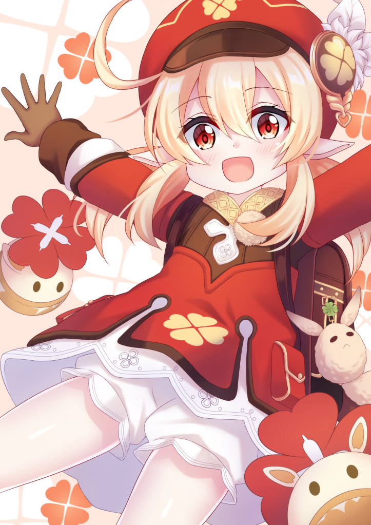 1girl, :d, ahoge, arms_up, backpack, bag, bag_charm, bangs