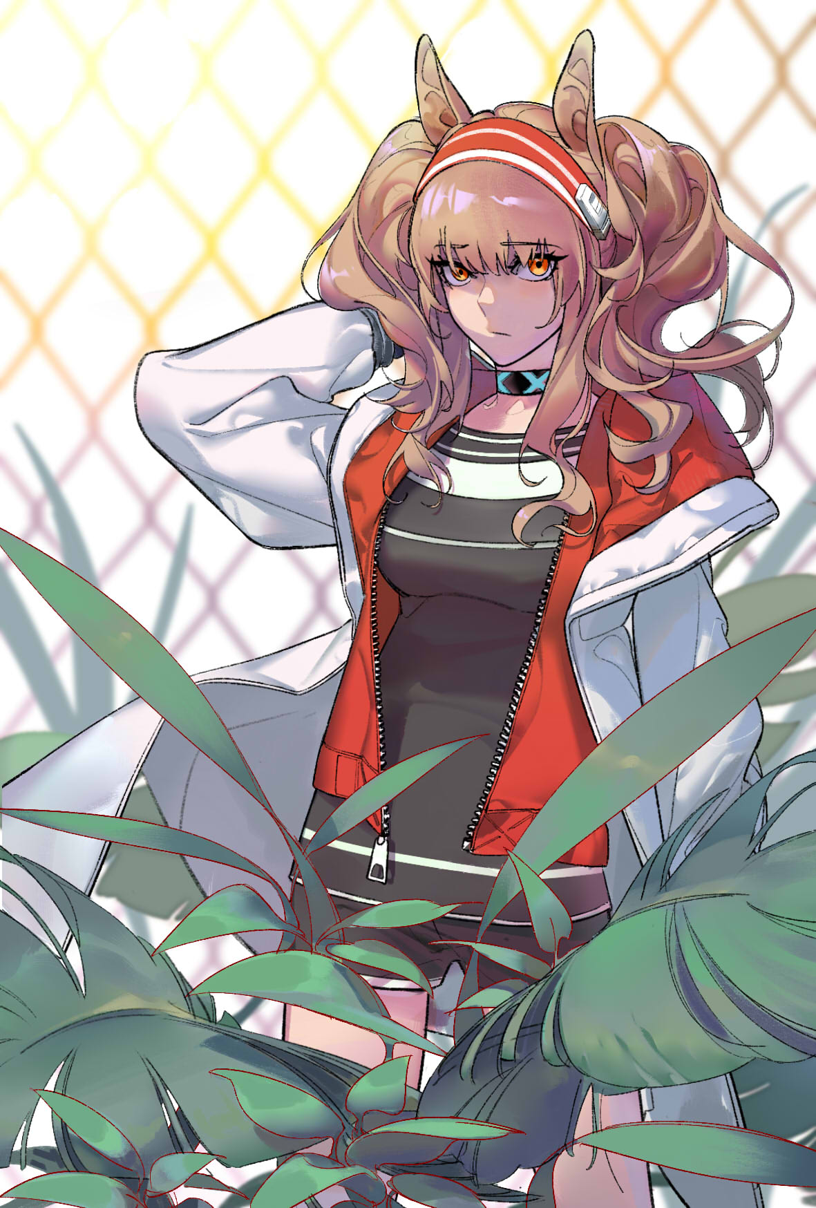 1girl, angelina_(arknights), animal_ears, arknights, arm_behind_head, bangs, black_shirt, coat