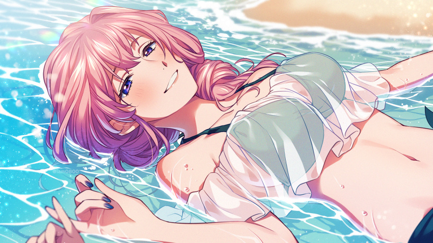 1girl, 1other, asada_hachi, bangs, banned_artist, bare_shoulders, beach, bikini, blue_nails, blush, breasts, collarbone, commentary, day, highres, kousaka_rei, la_corda_d'oro, la_corda_d'oro_starlight_orchestra, large_breasts, long_hair, looking_at_viewer, lying, nail_polish, navel, ocean, off_shoulder, on_back, out_of_frame, outdoors, parted_lips, partially_submerged, pink_hair, pinky_swear, pov, pov_hands, sand, see-through, shirt, short_sleeves, smile, solo_focus, swimsuit, twitter_username, violet_eyes, water, water_drop, watermark, wet, white_shirt