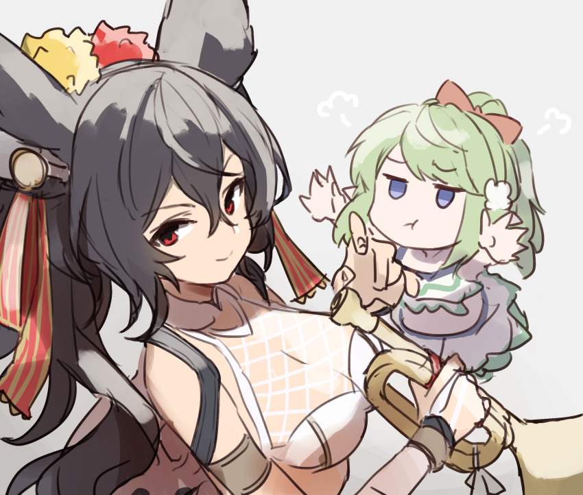 2girls, animal_ears, black_hair, breasts, erune, gazacy_(dai), granblue_fantasy, green_hair