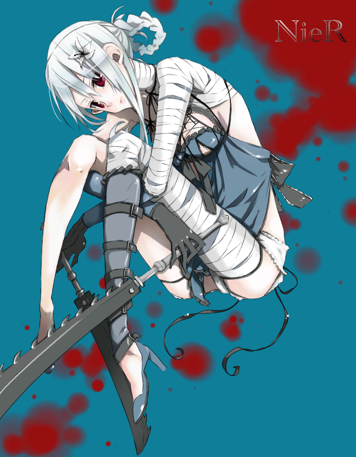 bandage, braid, dual_wielding, fantasy, flower, high_heels, kaine_(nier), keine