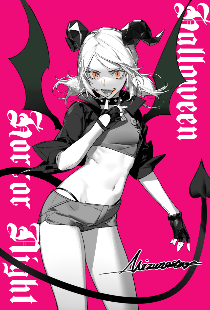 1girl, arknights, bat_wings, breasts, choker, crop_top, cropped_jacket, demon_horns, demon_tail, english_text, evil_smile, fingerless_gloves, gloves, highres, horns, ifrit_(arknights), jacket, looking_at_viewer, midriff, monochrome, navel, open_mouth, orange_eyes, pink_background, short_hair, short_shorts, short_twintails, shorts, shuiye_xing, signature, simple_background, small_breasts, smile, solo, tail, thighs, thong, tongue, tongue_out, twintails, wings