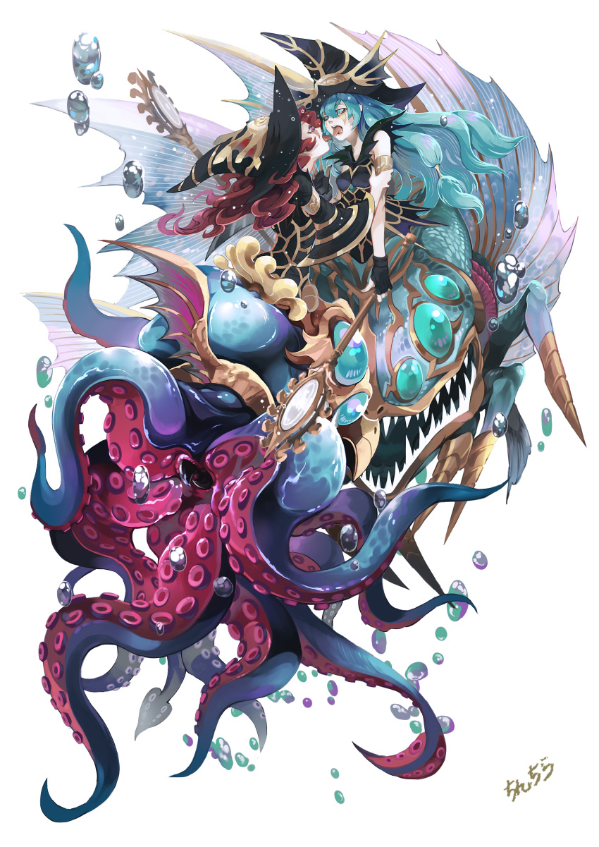 2girls, absurdres, air_bubble, armlet, blue_eyes, blue_hair, bubble, chinchira