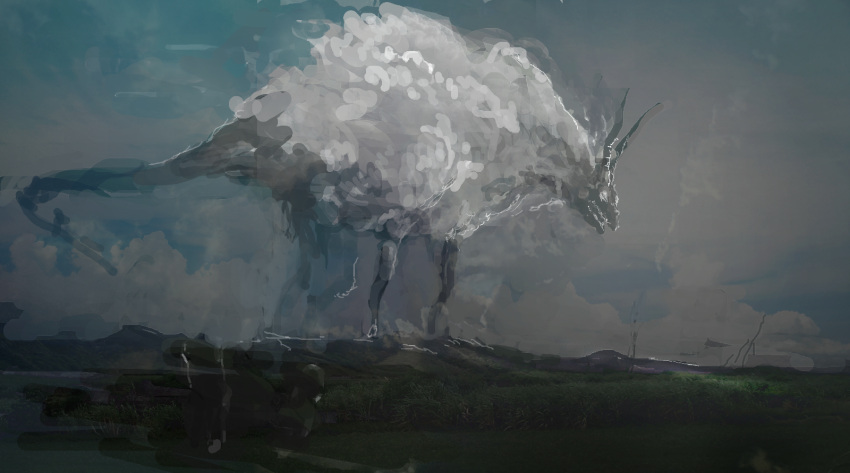 creature, dragon, eastern_dragon, floating, highres, horns, landscape, monster, nekoprogram, one-hour_drawing_challenge, original, outdoors, sky
