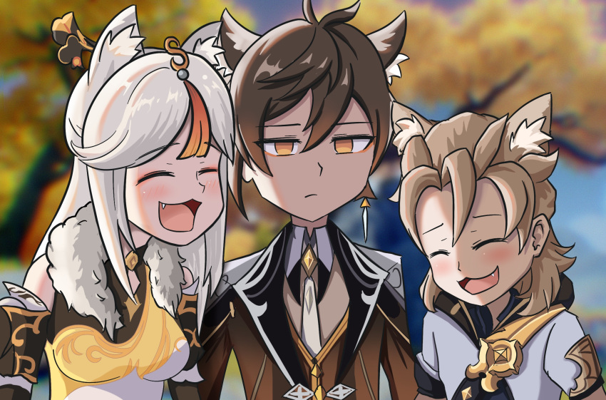 1girl, 2boys, 3d_background, :3, :d, ^_^, ^o^, albedo_(genshin_impact)