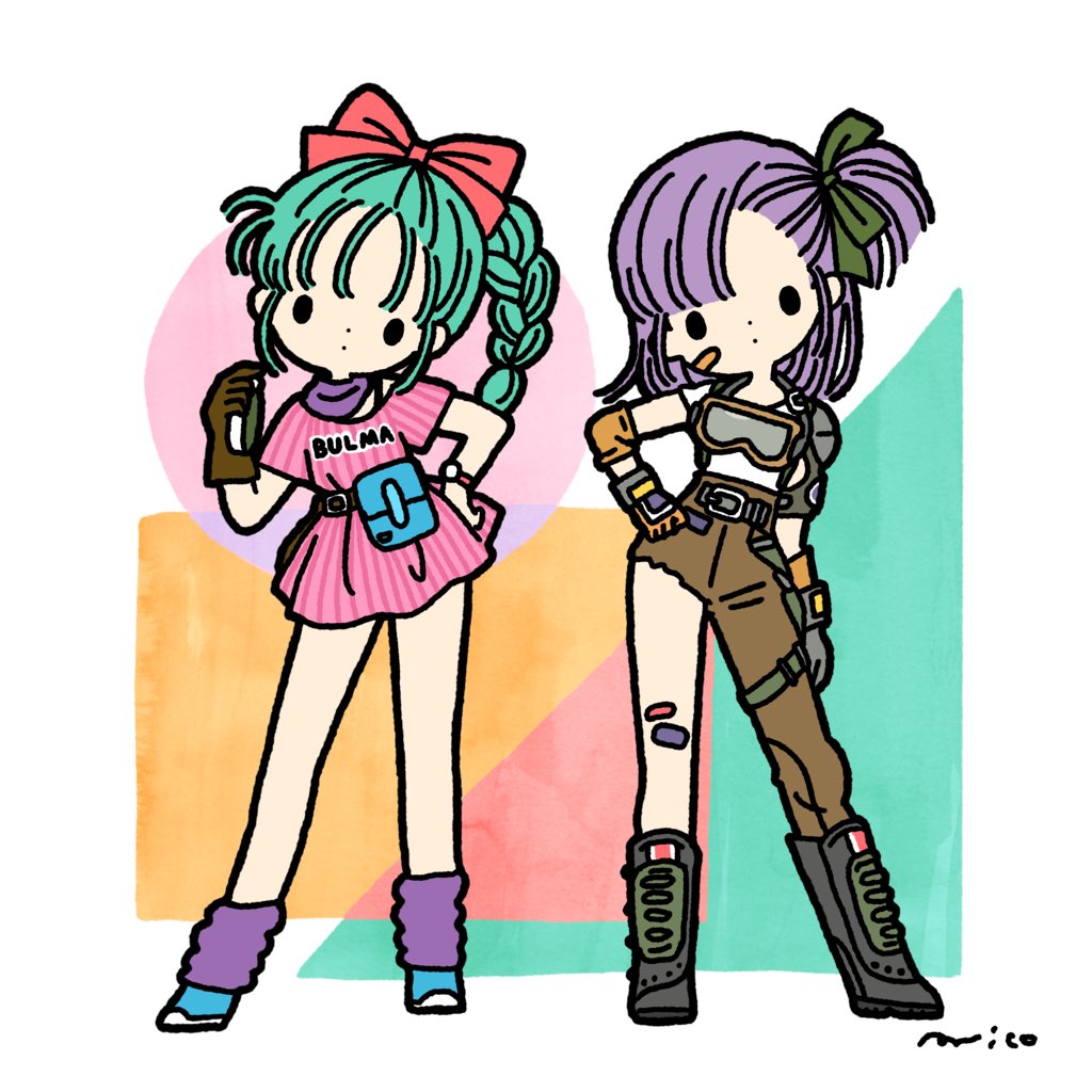 2girls, aqua_hair, arm_at_side, asymmetrical_clothes, bandaid, bandaid_on_cheek, bandaid_on_knee, bangs, belt, black_outline, black_ribbon, blue_footwear, boots, braid, braided_ponytail, brown_belt, brown_gloves, bulma, character_name, circle, clenched_hand, clothes_writing, contrapposto, dot_nose, dragon_ball, dragon_ball_(classic), dragon_radar, dress, dual_persona, elbow_pads, expressionless, fanny_pack, full_body, gauntlets, gloves, goggles, goggles_around_neck, hair_ribbon, hair_strand, hand_on_hip, hand_up, head_tilt, holding, holster, knee_boots, legs_apart, loose_socks, medium_hair, multiple_girls, one_side_up, outline, parirobo, parted_lips, pink_dress, purple_hair, purple_legwear, purple_neckwear, red_ribbon, ribbon, shirt, shirt_tucked_in, shoes, short_dress, short_sleeves, shoulder_pads, side-by-side, signature, simple_background, single_glove, single_pantsleg, socks, solid_oval_eyes, square, standing, striped, striped_dress, swept_bangs, thigh_holster, triangle, vertical-striped_dress, vertical_stripes, watch, watch, white_background, white_shirt