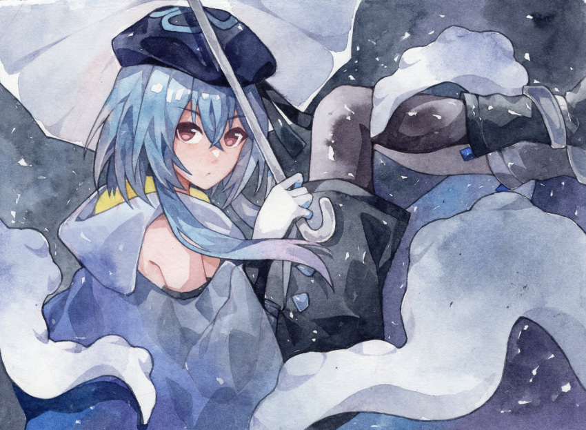 1boy, arknights, bare_shoulders, black_shorts, blue_hair, blue_sweater, boots, brown_eyes, cotayomengmiao, hat, highres, holding, holding_umbrella, hood, hood_down, looking_at_viewer, lying, mizuki_(arknights), on_side, painting_(medium), shorts, snowing, solo, sweater, tentacles, thigh-highs, traditional_media, umbrella, watercolor_(medium)