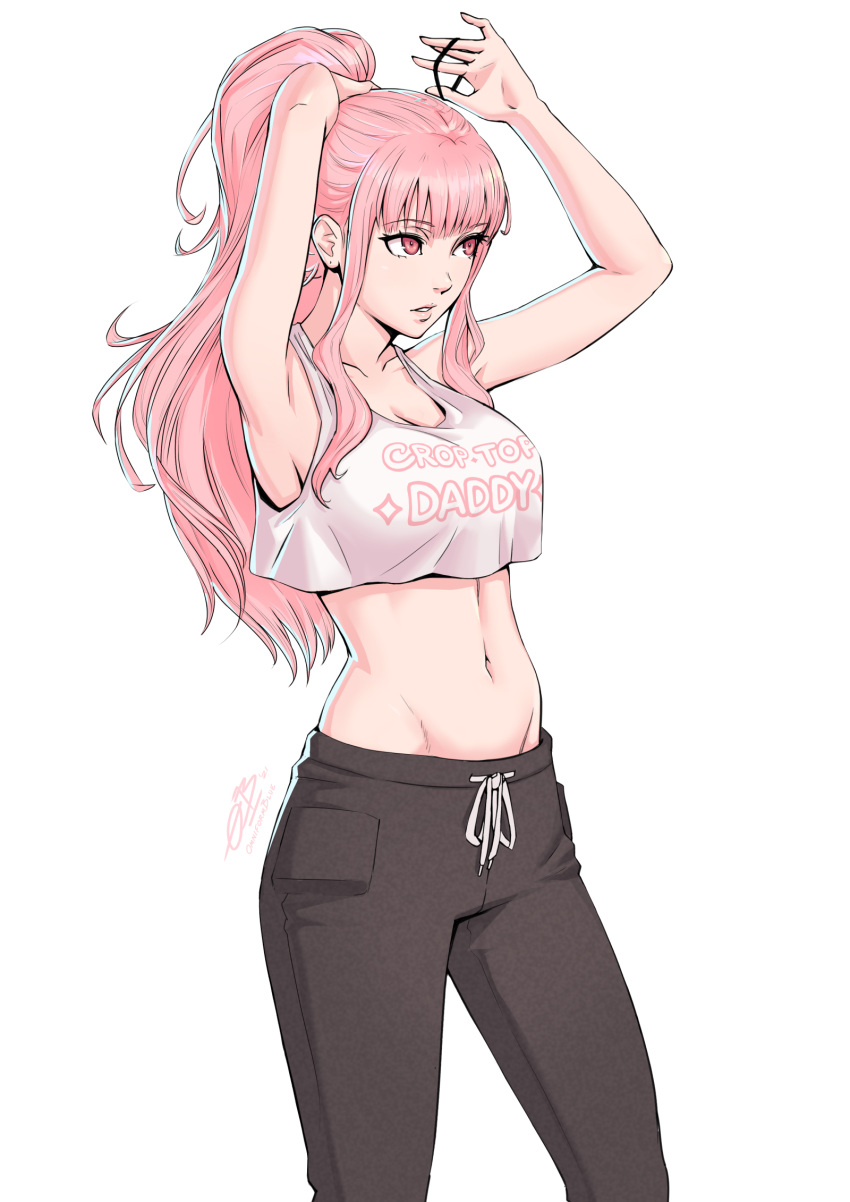 1girl, adjusting_hair, alternate_costume, armpits, arms_up, black_pants, breasts, crop_top