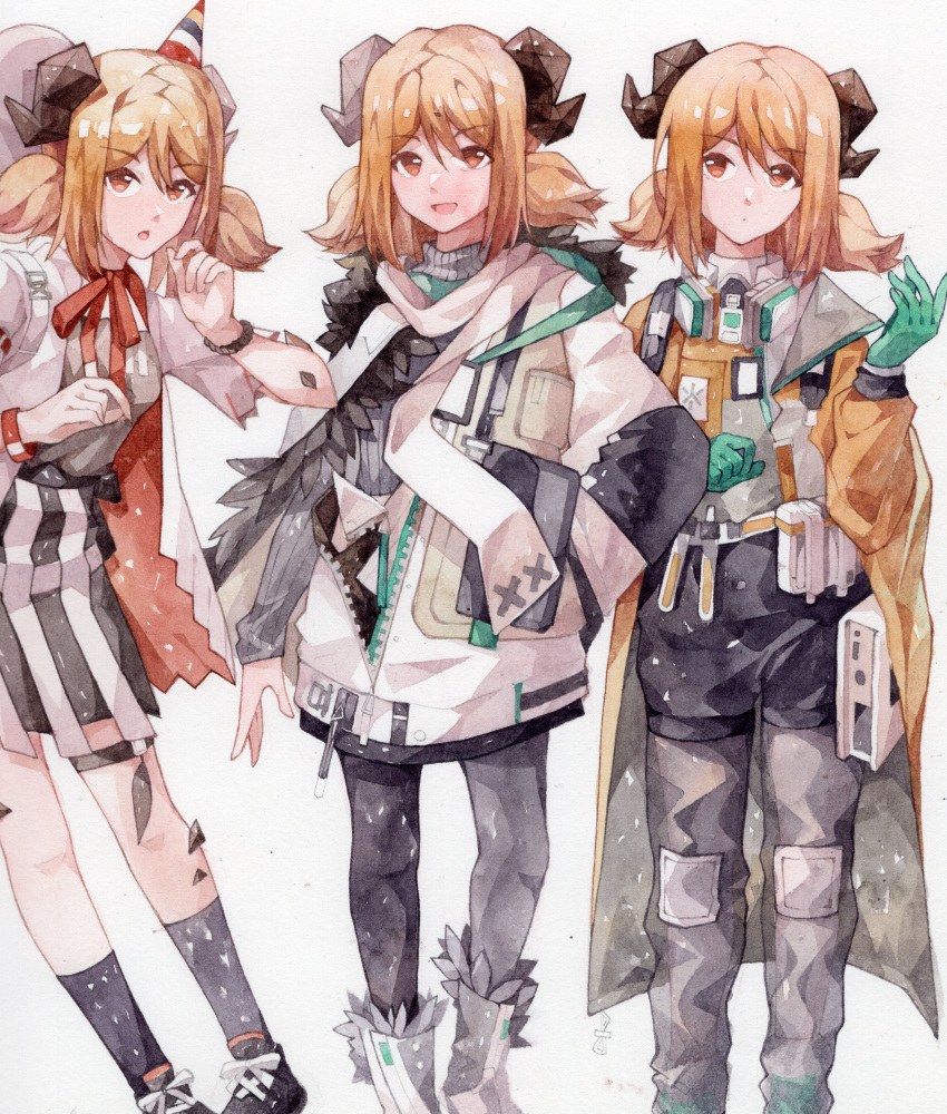 1girl, absurdres, arknights, balloon, belt_pouch, black_legwear, blonde_hair, bow