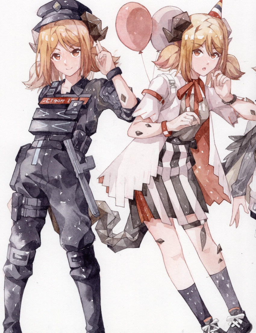 1girl, absurdres, arknights, balloon, baton_(weapon), black_legwear, blonde_hair, bow