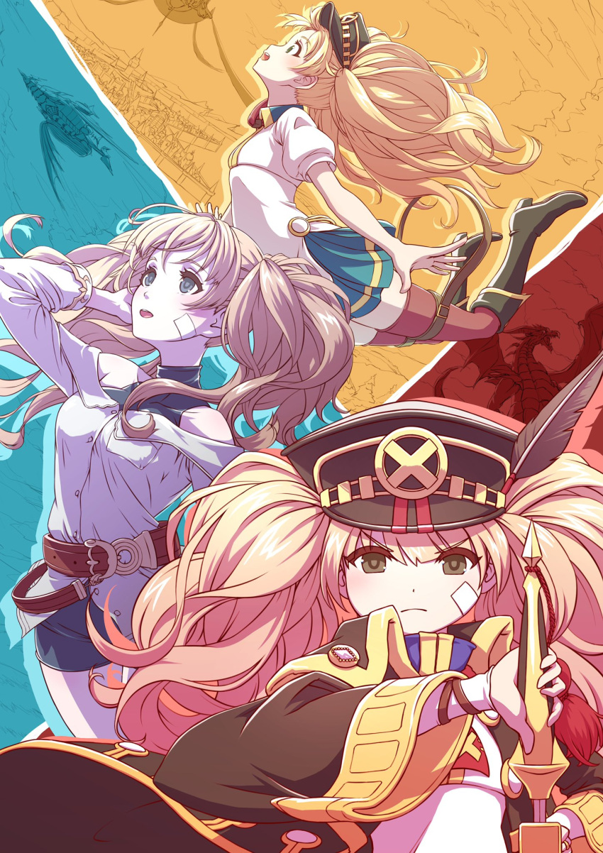 1girl, aircraft, airship, bandaid, bandaid_on_face, bangs, belt, black_coat