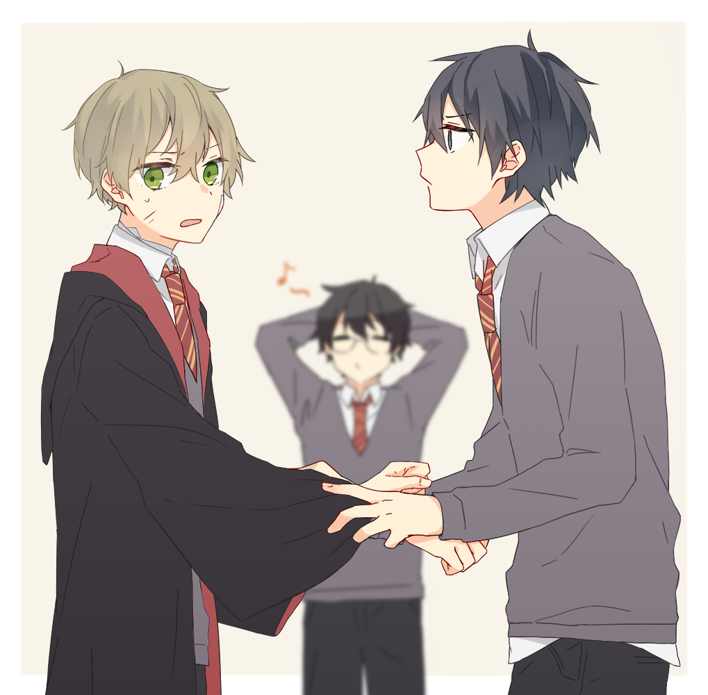 3boys, arms_up, black_hair, black_robe, brown_hair, glasses, green_eyes, gryffindor