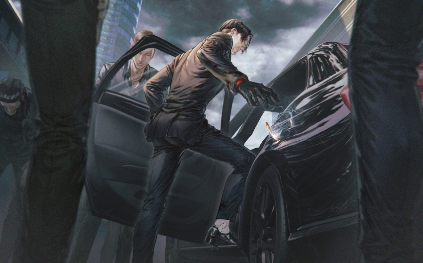 5boys, beard, black_footwear, black_gloves, black_jacket, car, cigarette, city
