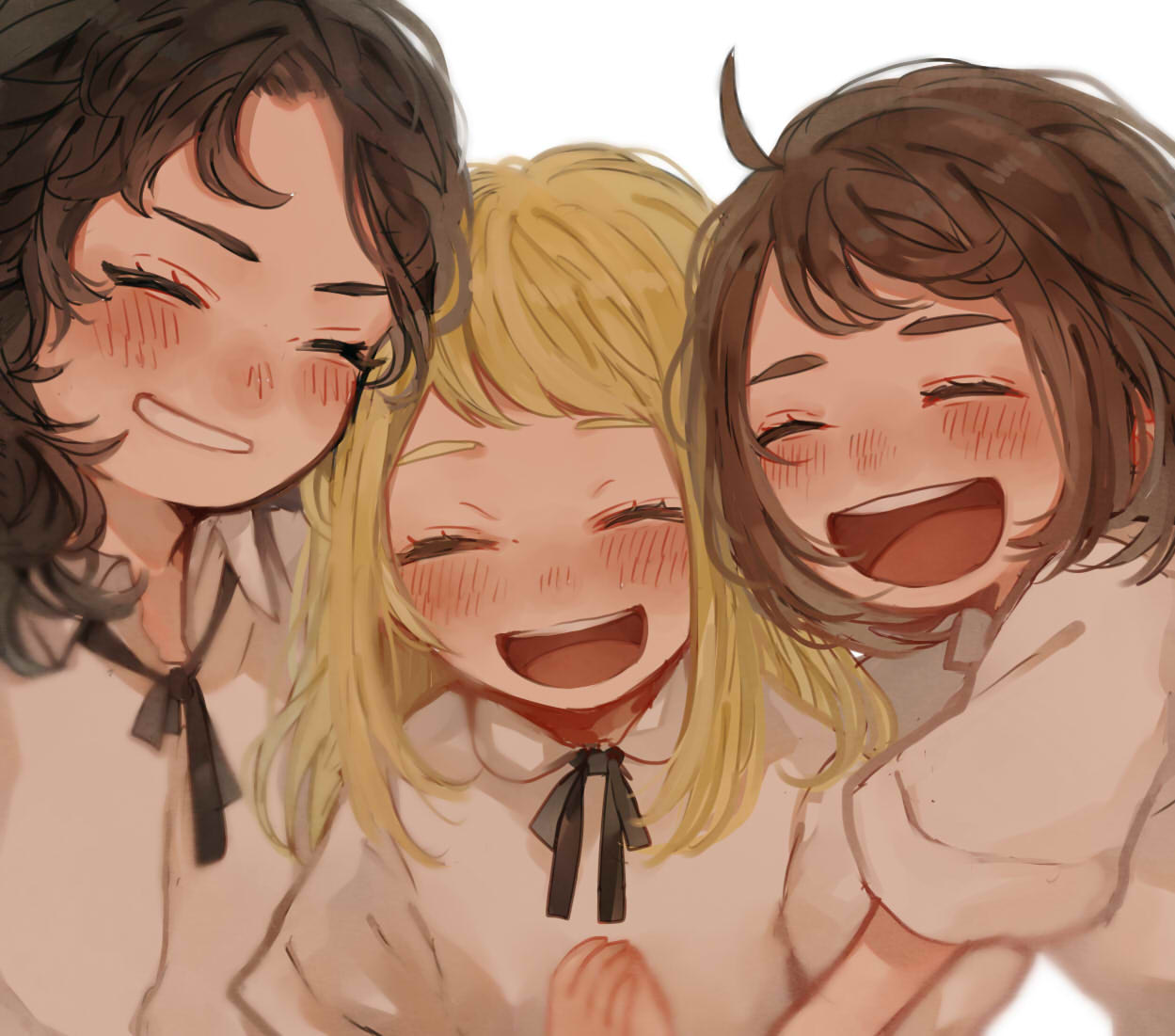 3girls, andromeda_tonks, bellatrix_lestrange, black_hair, blonde_hair, blush, bow, bowtie, brown_hair, child, closed_eyes, commentary, dress, harry_potter, long_hair, multiple_girls, narcissa_malfoy, siblings, sisters, smile, white_dress, younger