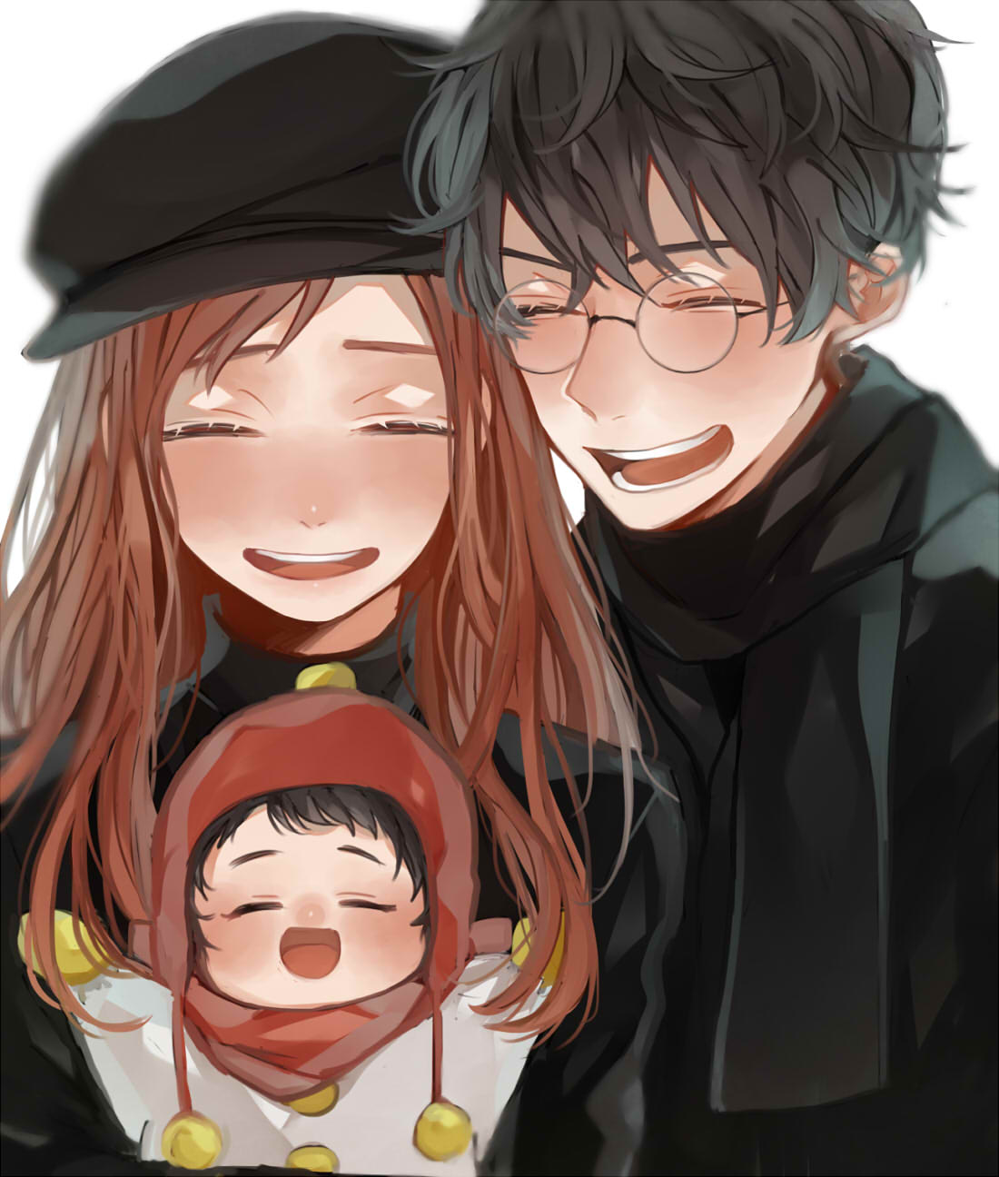 1girl, 2boys, baby, brown_hair, chullo, coat, father_and_son, glasses, harry_potter, harry_potter_and_the_philosopher's_stone, hat, highres, james_potter, lily_evans, long_hair, mother_and_son, multiple_boys, redhead, scarf, short_hair, smile, winter_clothes, winter_coat, younger