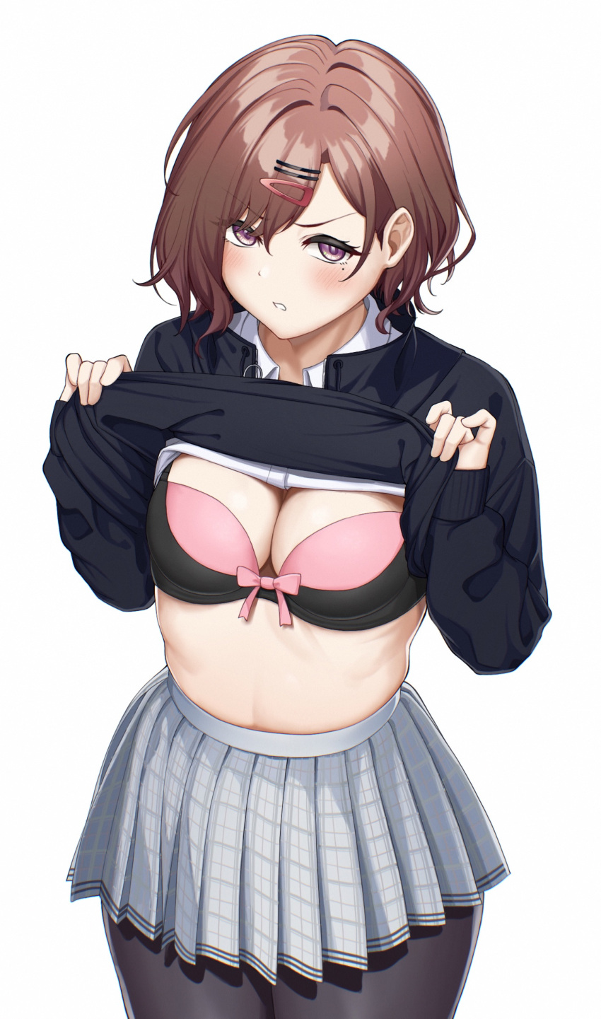 1girl, absurdres, black_jacket, black_legwear, bra, breasts, eyebrows_visible_through_hair, hair_between_eyes