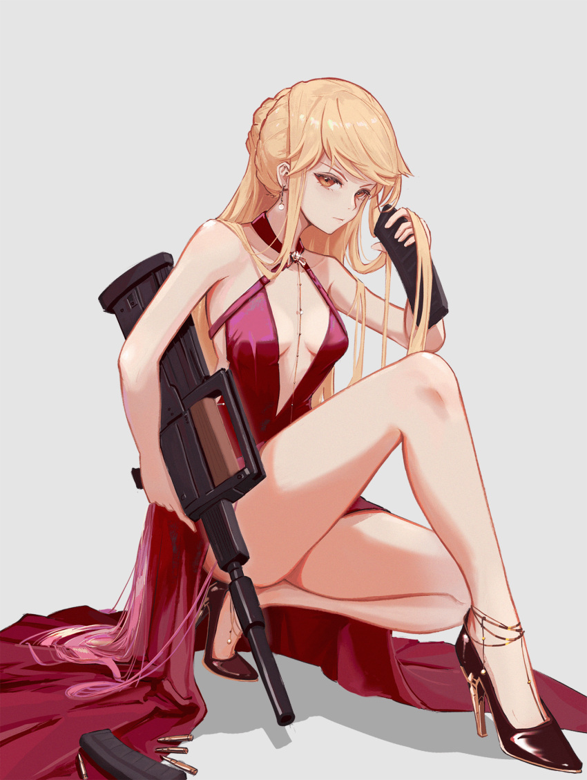 1girl, bare_legs, bare_shoulders, black_footwear, blonde_hair, breasts, bullet, cartridge
