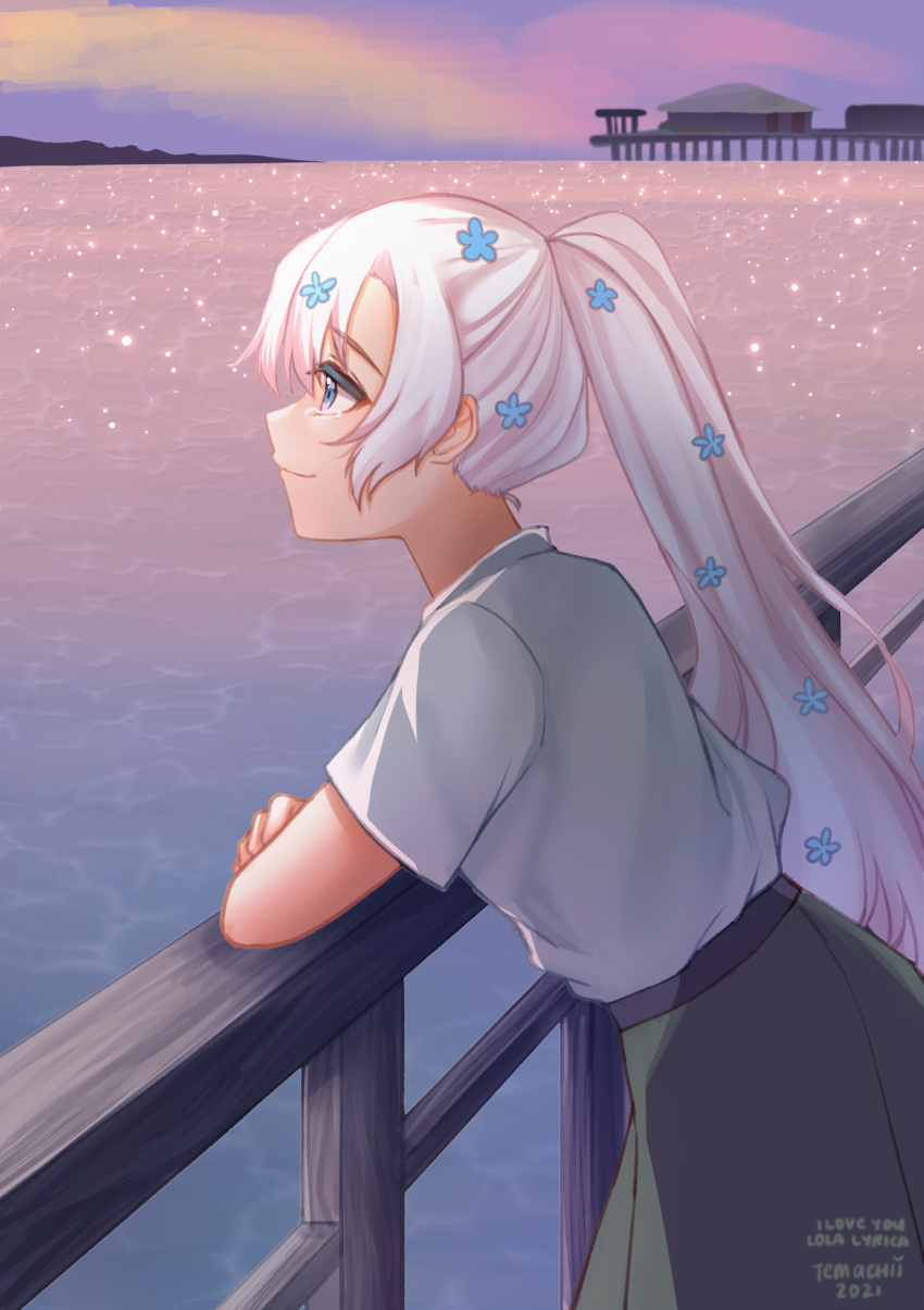 1girl, blue_eyes, blue_flower, character_name, closed_mouth, flower, from_side, green_skirt