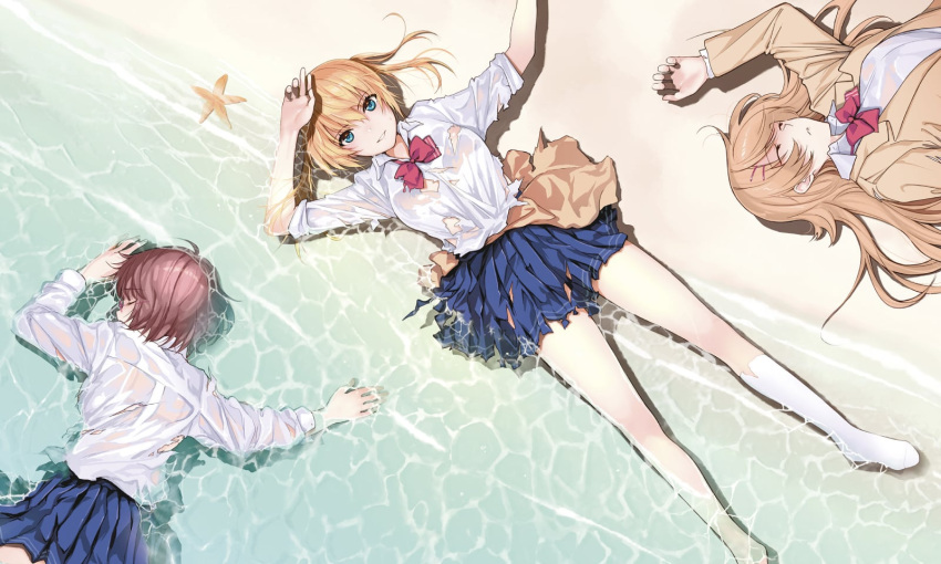 3girls, amatani_mutsu, asymmetrical_legwear, beach, blazer, blonde_hair, blue_eyes, bow