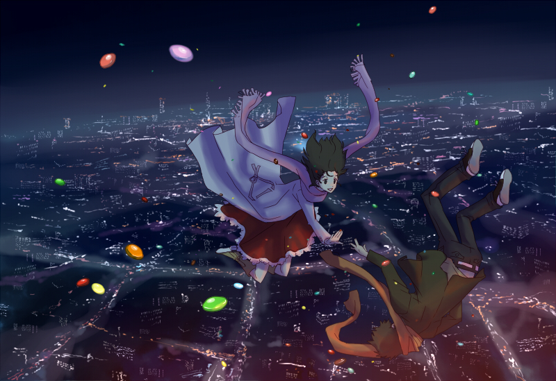 black_hair, candy, city, cityscape, couple, falling, jacket, katagiri