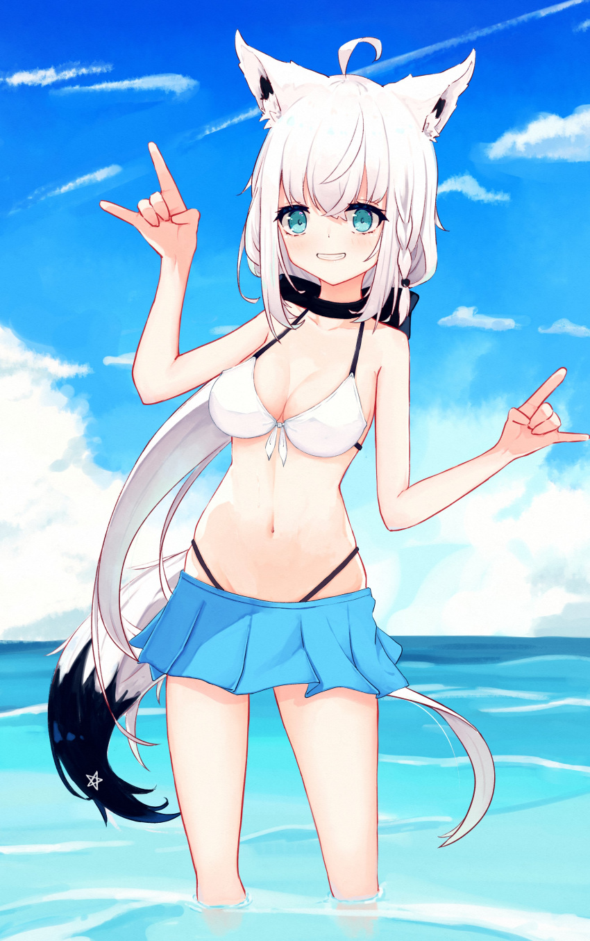 1girl, absurdres, ahoge, animal_ear_fluff, bangs, bikini, bikini_skirt, blue_skirt