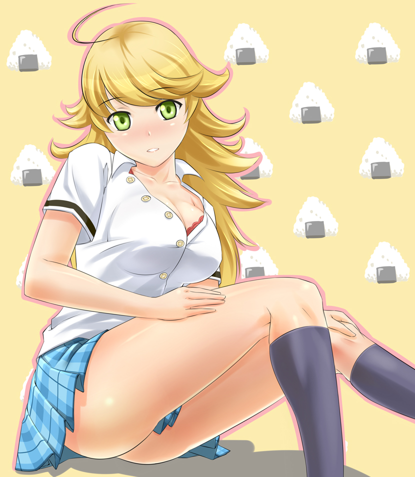 black_kneehighs, black_legwear, blonde_hair, blush, breasts, cleavage, green_eyes, hoshii_miki