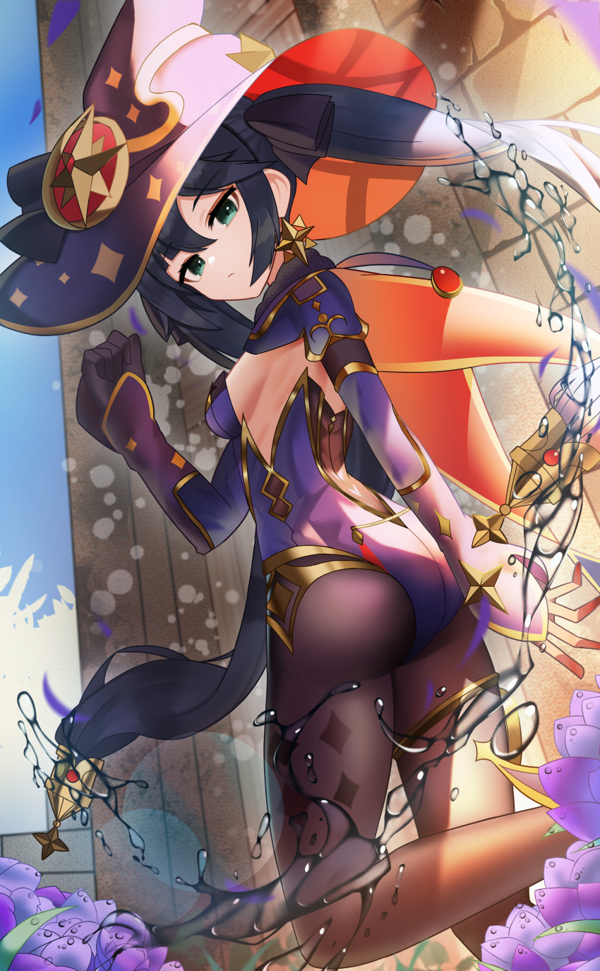 1girl, absurdres, ass, black_gloves, black_hair, black_legwear, bow, breasts