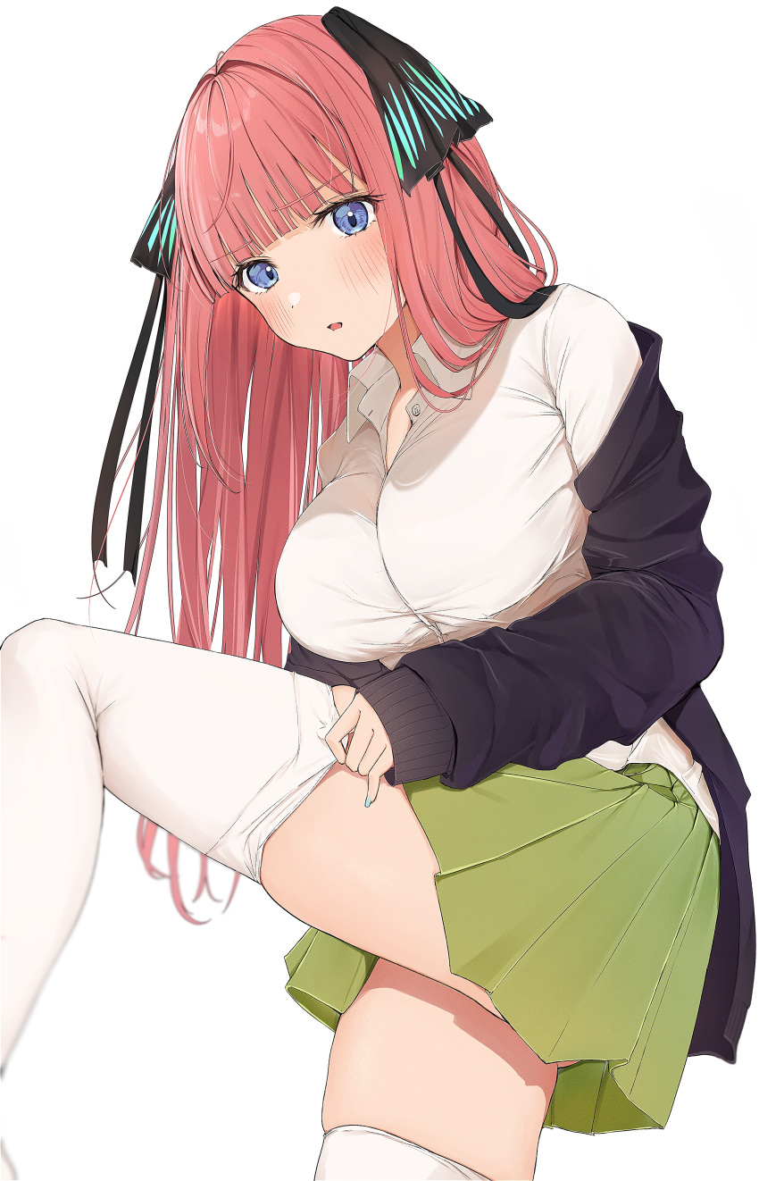 1girl, absurdres, black_jacket, blue_eyes, blush, breasts, collared_shirt, commentary_request, cowboy_shot, go-toubun_no_hanayome, green_skirt, hair_ornament, hair_ribbon, highres, jacket, large_breasts, long_hair, long_sleeves, looking_at_viewer, miniskirt, nail_polish, nakano_nino, open_mouth, pink_hair, pleated_skirt, pulled_by_self, pulling_off_legwear, ribbon, shirt, simple_background, skirt, sleeves_past_wrists, thigh-highs, thighs, uiri-na, white_background, white_legwear, white_shirt, zettai_ryouiki