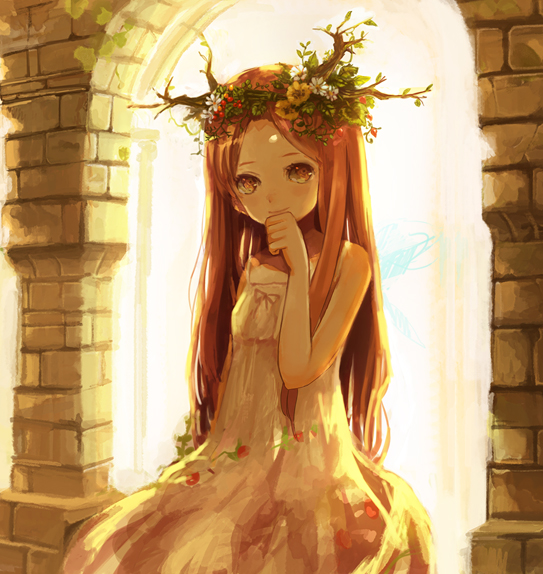 brown_eyes, brown_hair, dress, flower, hair_flower, hair_ornament, hand_to_chin, head_wreath