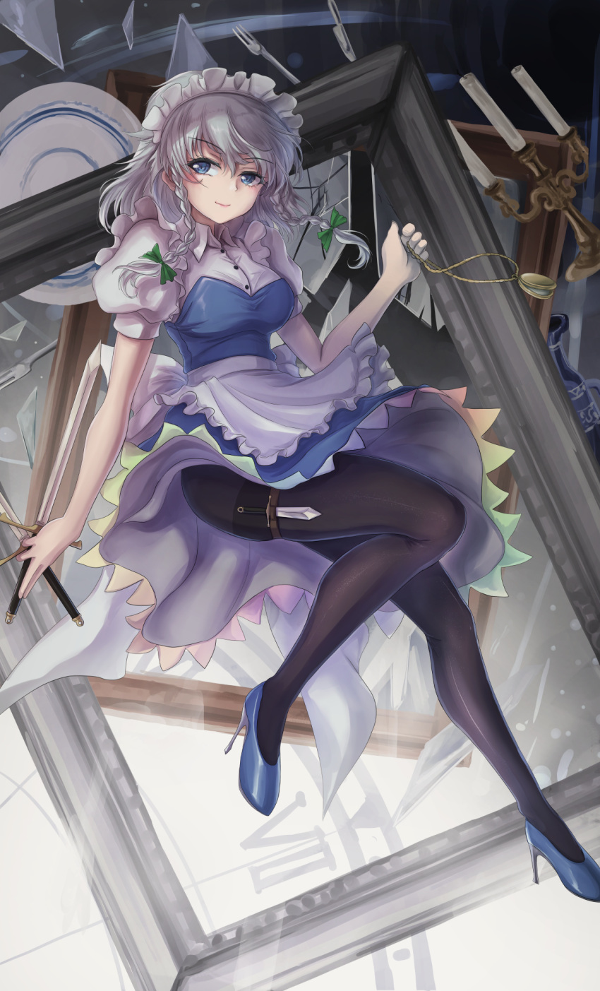 1girl, apron, black_legwear, blue_eyes, braid, breasts, candlestand, commentary_request