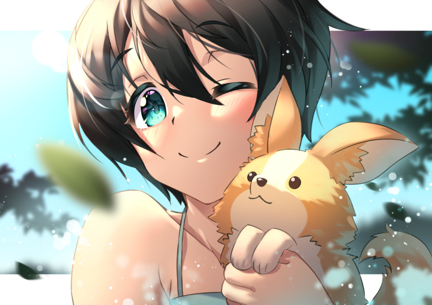 1girl, 1other, animal, aqua_eyes, black_hair, blush, border, chikuwa_(yurucamp)