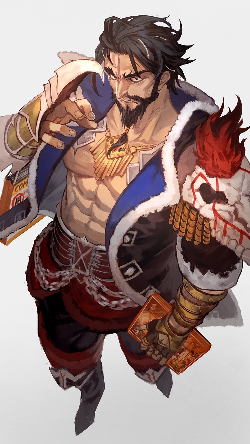 1boy, armor, bag, beard, belt, black_hair, boots, coat, edward_teach_(fate), facial_hair, fate/grand_order, fate_(series), fingerless_gloves, gloves, highres, hook, jewelry, lack, male_focus, manga_(object), pants, pauldrons, pendant, scar, scar_on_face, shirtless, shopping_bag, shoulder_armor