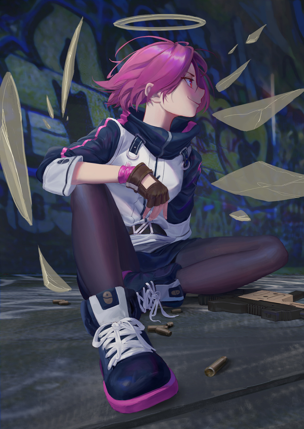 1girl, arknights, bad_artstation_id, bad_id, black_footwear, black_gloves, black_skirt, closed_mouth