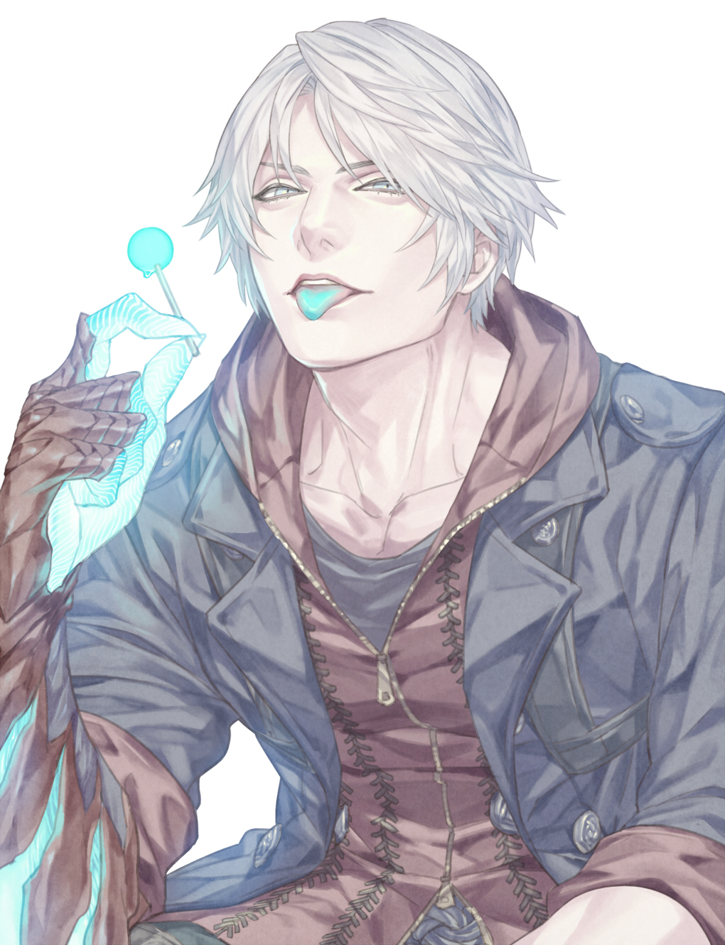 1boy, blue_eyes, blue_jacket, blue_tongue, candy, colored_tongue, devil_bringer, devil_may_cry_(series)